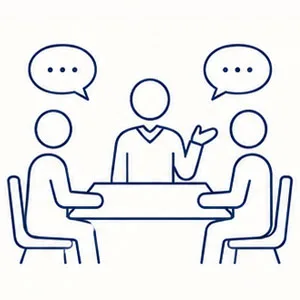 お客様と相談しながら提案する様子の線画